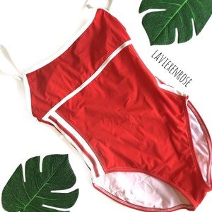 🆕 Red One Piece Swimsuit with White Side Stripes